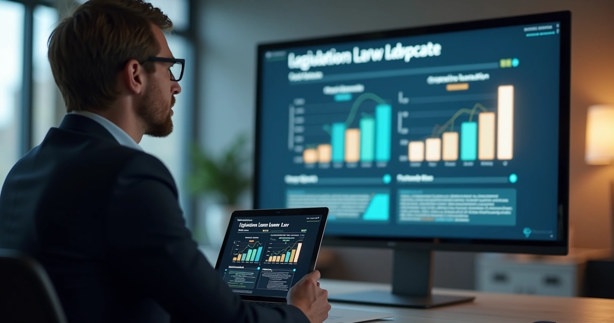 Profissional lendo atualização legislativa em tela de plataforma jurídica 
