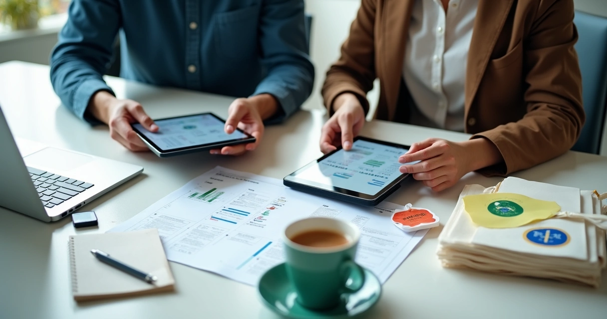 Duas pessoas em uma pequena empresa atualizando informações em tablets com lista de negócios sales 