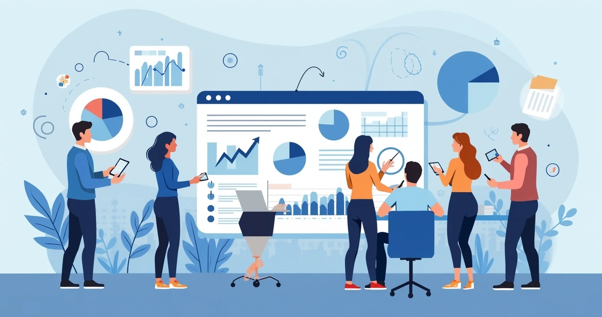 Ilustração flat corporativa mostrando profissionais analisando dados e atualizando listas de prospecção com gráficos e filtros digitais 