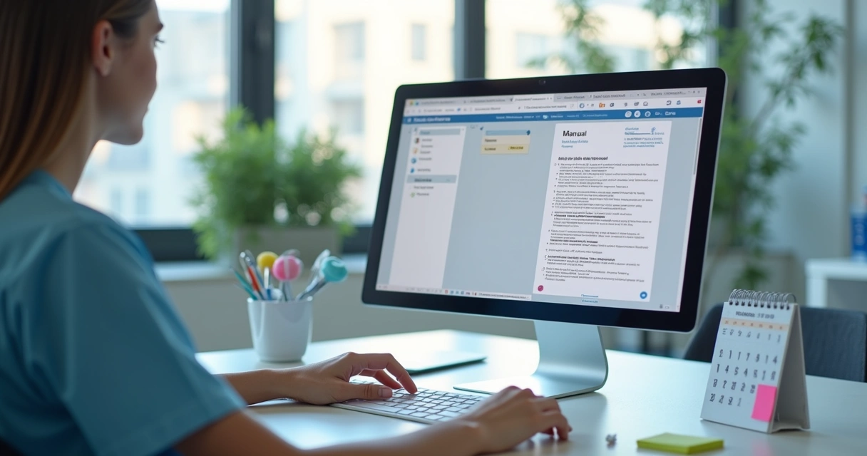 Profissional odontológico atualizando manual digital em computador da clínica 
