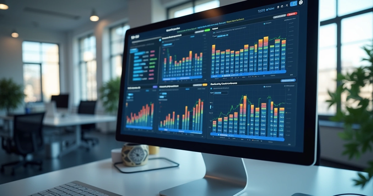 Tela de computador mostrando interface de atualização em massa de dados de clientes com gráficos e tabelas detalhadas 