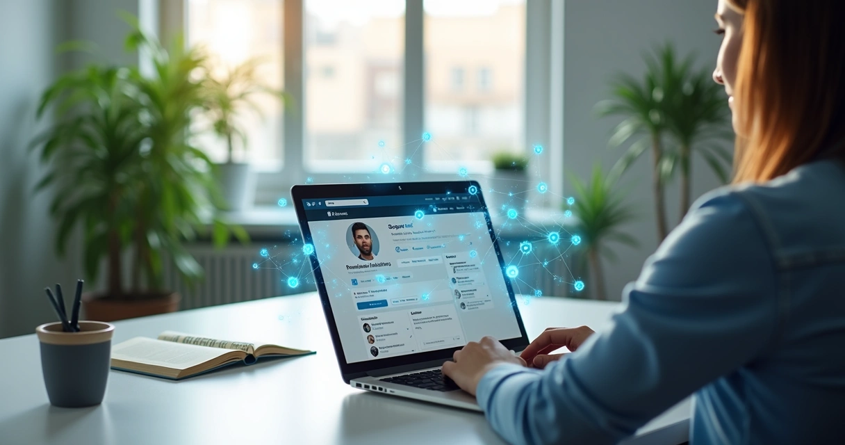Pessoa atualizando perfil do LinkedIn no laptop com elementos visuais de redes sociais ao fundo 