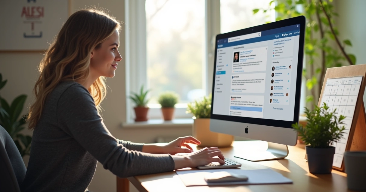 Pessoa revisando e atualizando o perfil do LinkedIn no computador, com ícones de edição