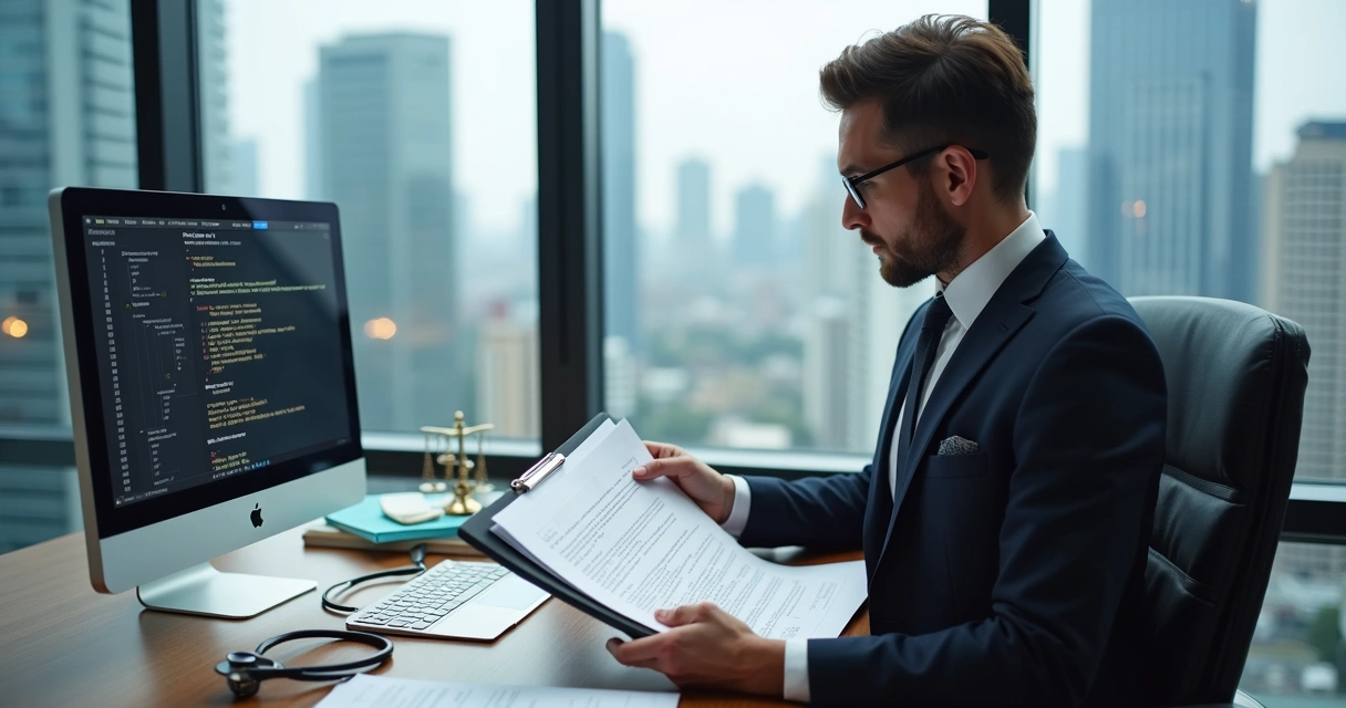 Advogado revisando documentos de planejamento sucessório em escritório moderno 