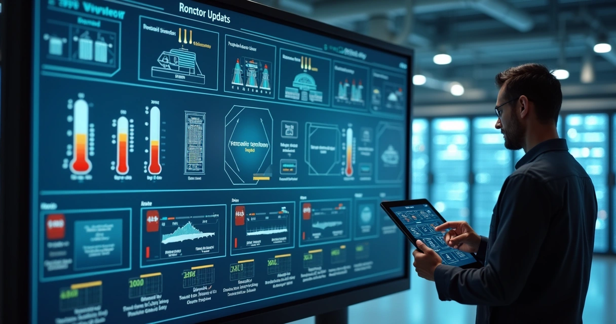 Painel técnico com sensores industriais e atualização remota em andamento