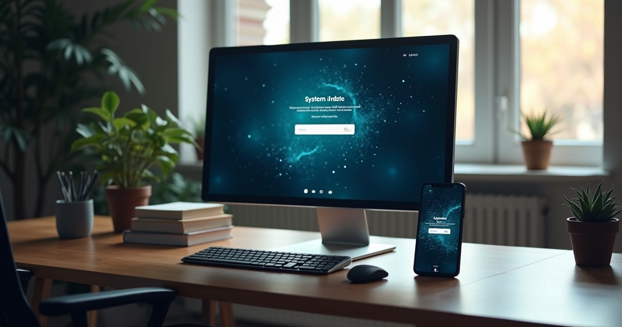 Tela de computador mostrando atualização de sistema, com smartphone ao lado também atualizando 