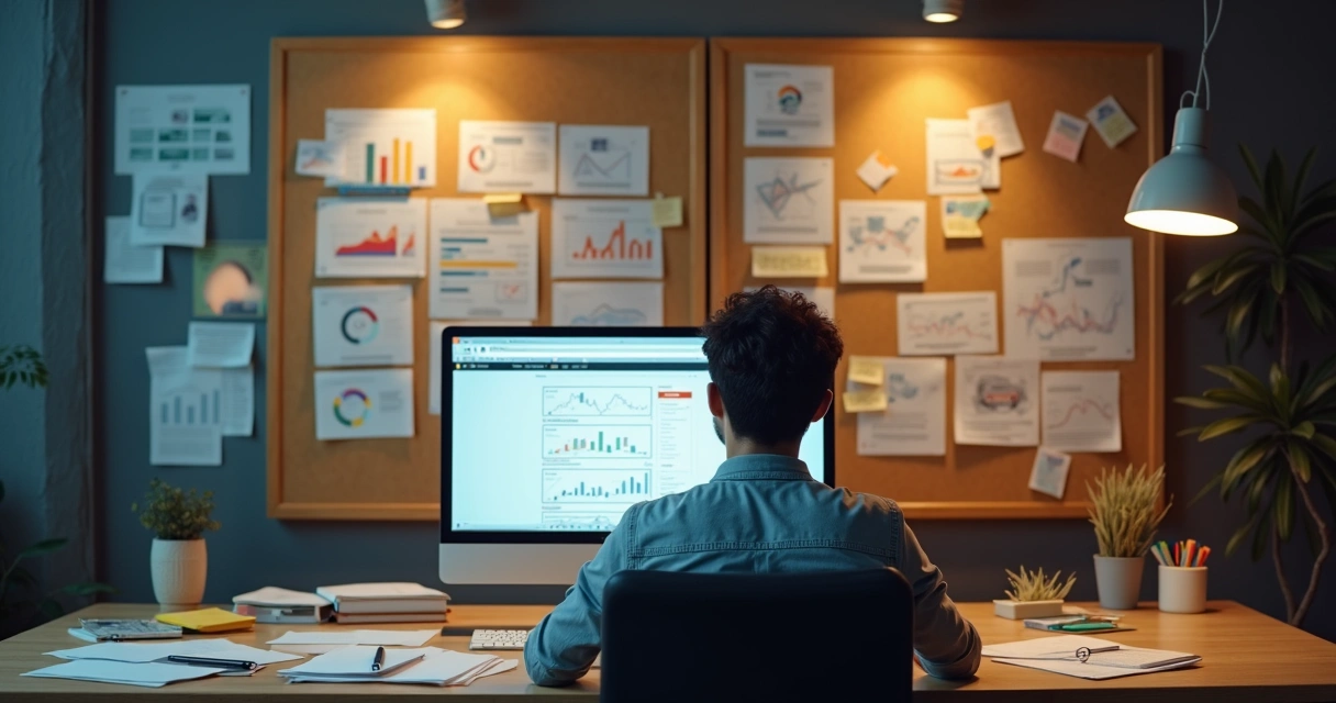 Especialista revisando e atualizando site empresarial com notas e gráficos 