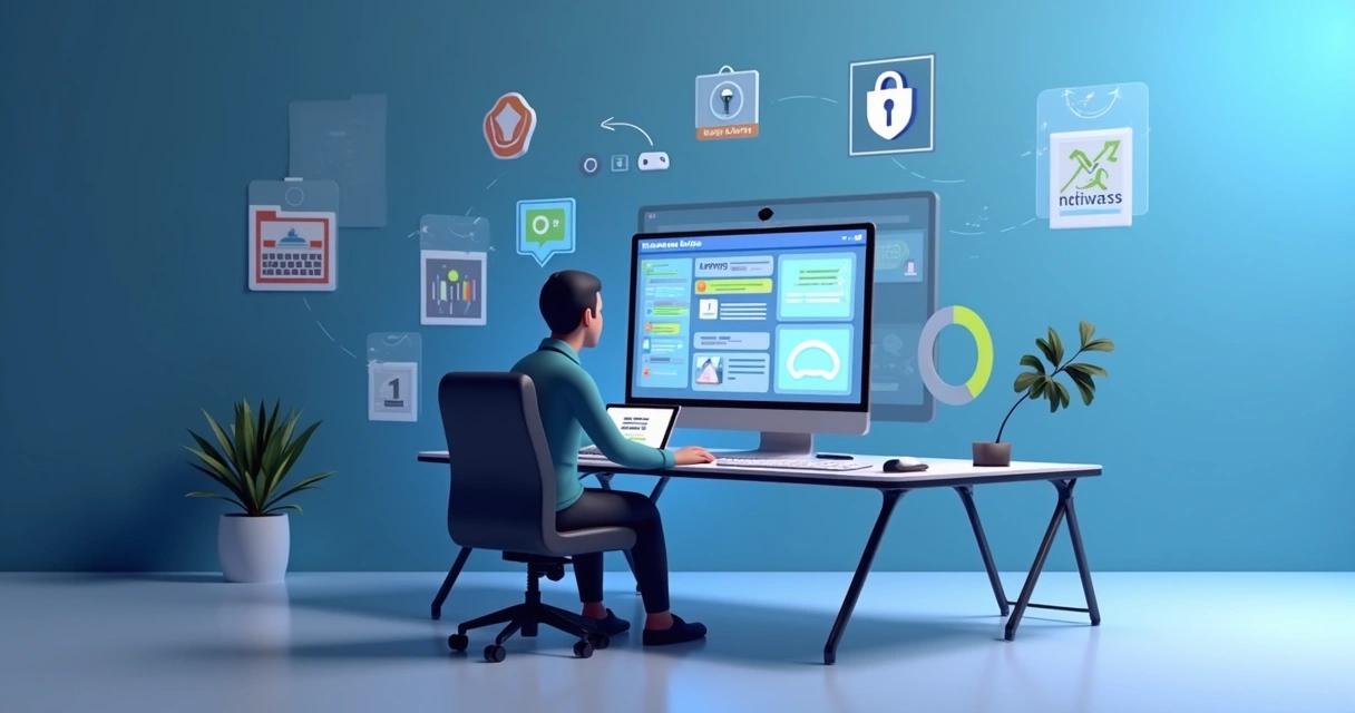 Computador sendo atualizado por técnico, ícones de atualização na tela 