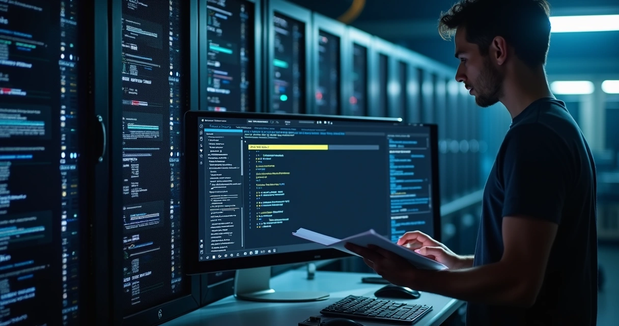 Profissional atualizando software ERP Protheus em um servidor 