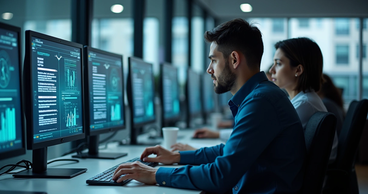 Equipe de TI atualizando sistema fiscal no escritório 