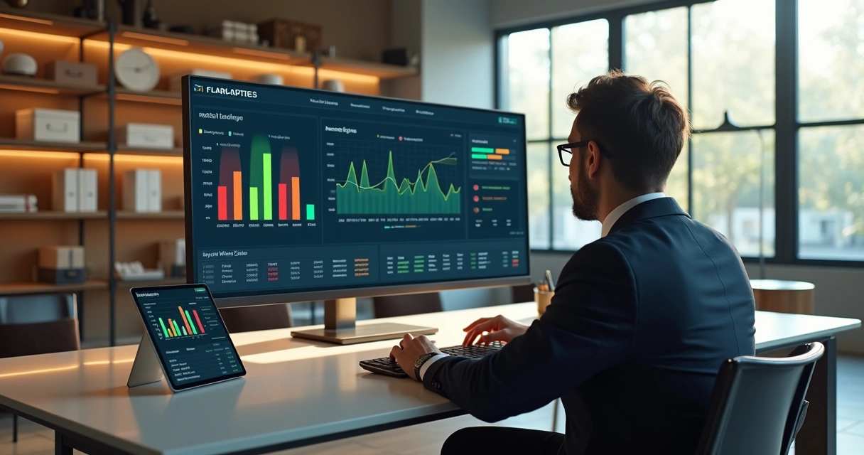Tela de monitor exibindo dashboard de atualização de preços em lojas físicas, e-commerce e marketplaces simultaneamente 