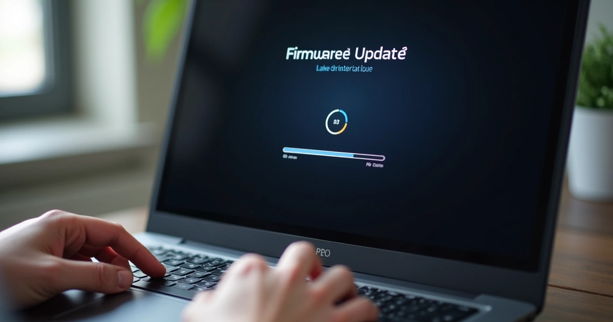 Tela de notebook exibindo processo de atualização de firmware 