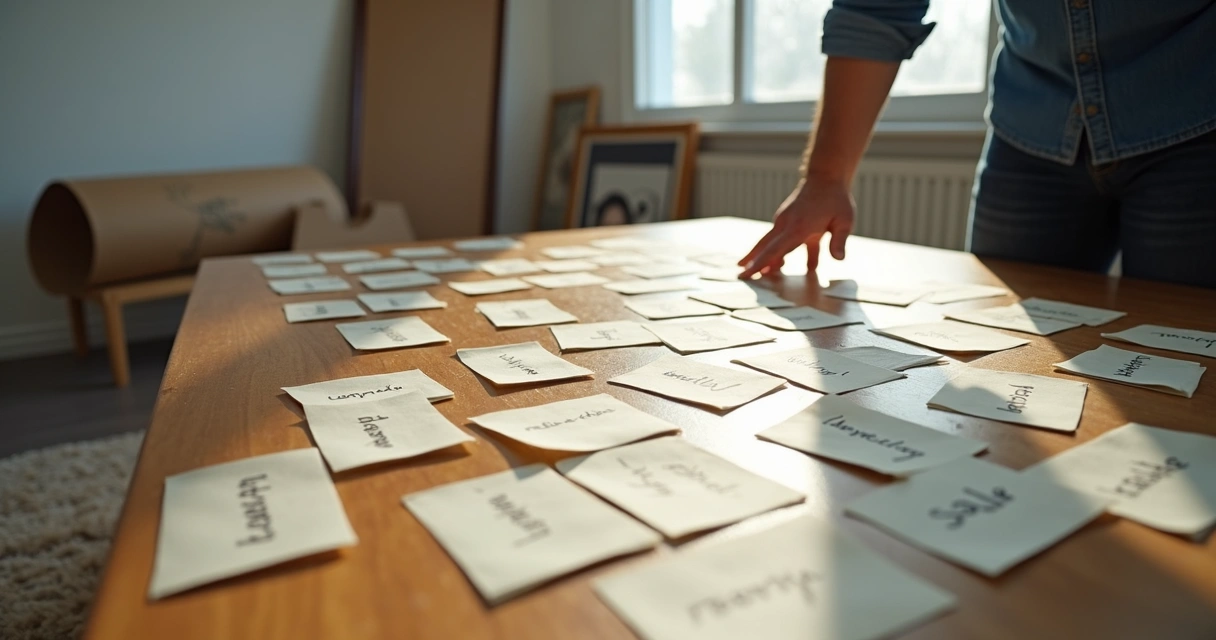 Pessoa reorganizando cartões de valores pessoais sobre mesa iluminada 