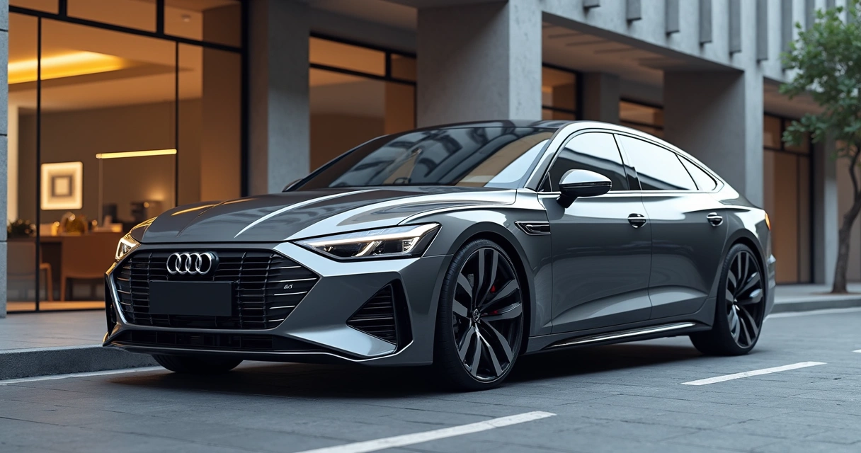 Audi E5 Sportback elétrico com design minimalista e tecnológico em fundo urbano de Xangai 