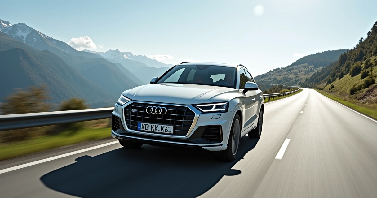 Audi Q5 2024 branco em alta velocidade na Autobahn com cenário de montanhas e estradas alemãs 