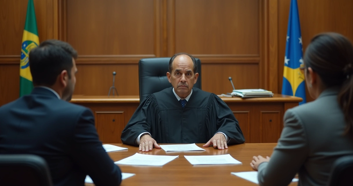 Juiz sentado em mesa ouvindo pessoa presa, advogado ao lado, ambiente formal 