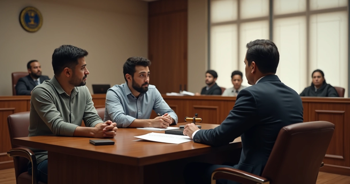 Advogado e juiz em audiência de custódia com preso sentado à mesa no tribunal 