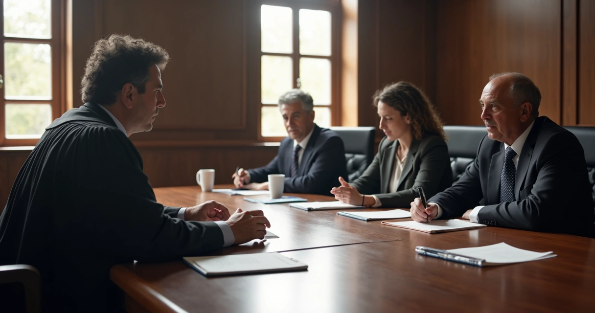 Audiência de guarda compartilhada com juiz, pais e advogado