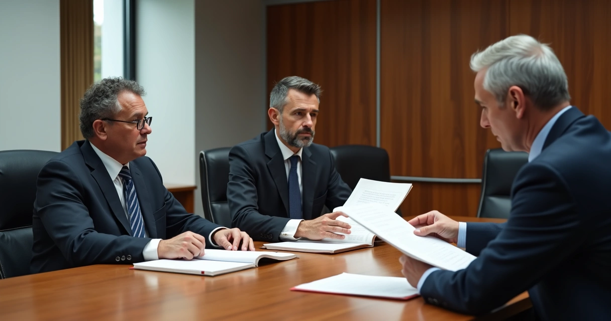 Sala de audiência de processo administrativo disciplinar com servidor público e advogados analisando documentos