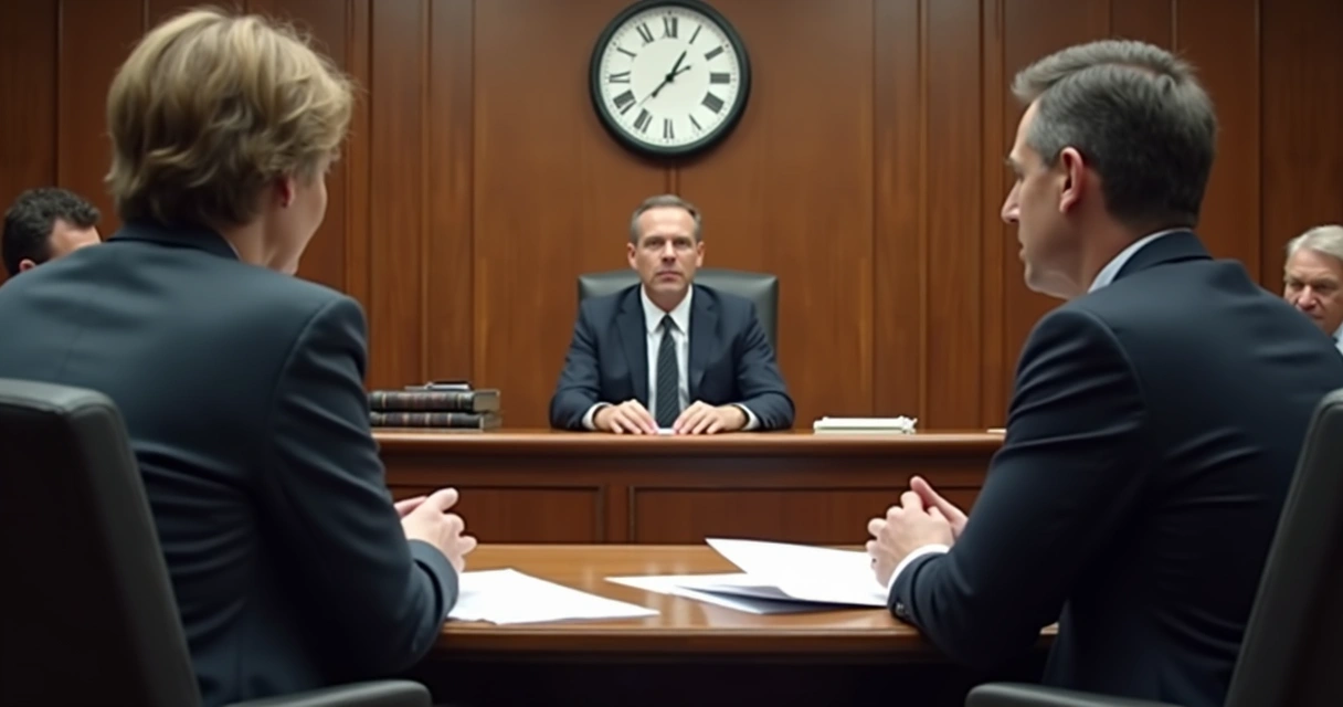Audiência de divórcio em sala de tribunal com advogado e juiz