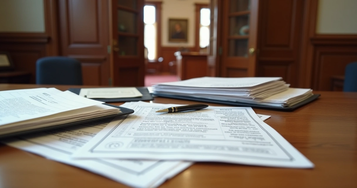 Mesa com documentos jurídicos e sala de audiência ao fundo