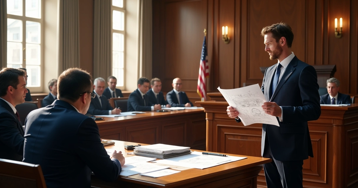 Engenheiro argumenta em audiência judicial diante de juiz e advogados 