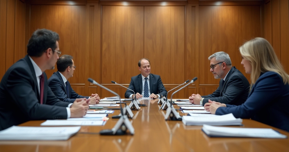 Sessão formal de julgamento ético com documentos e conselheiros