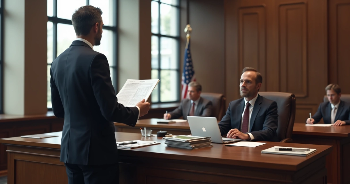 Cena de uma audiência judicial em tribunal, com um perito explicando laudo ao juiz 
