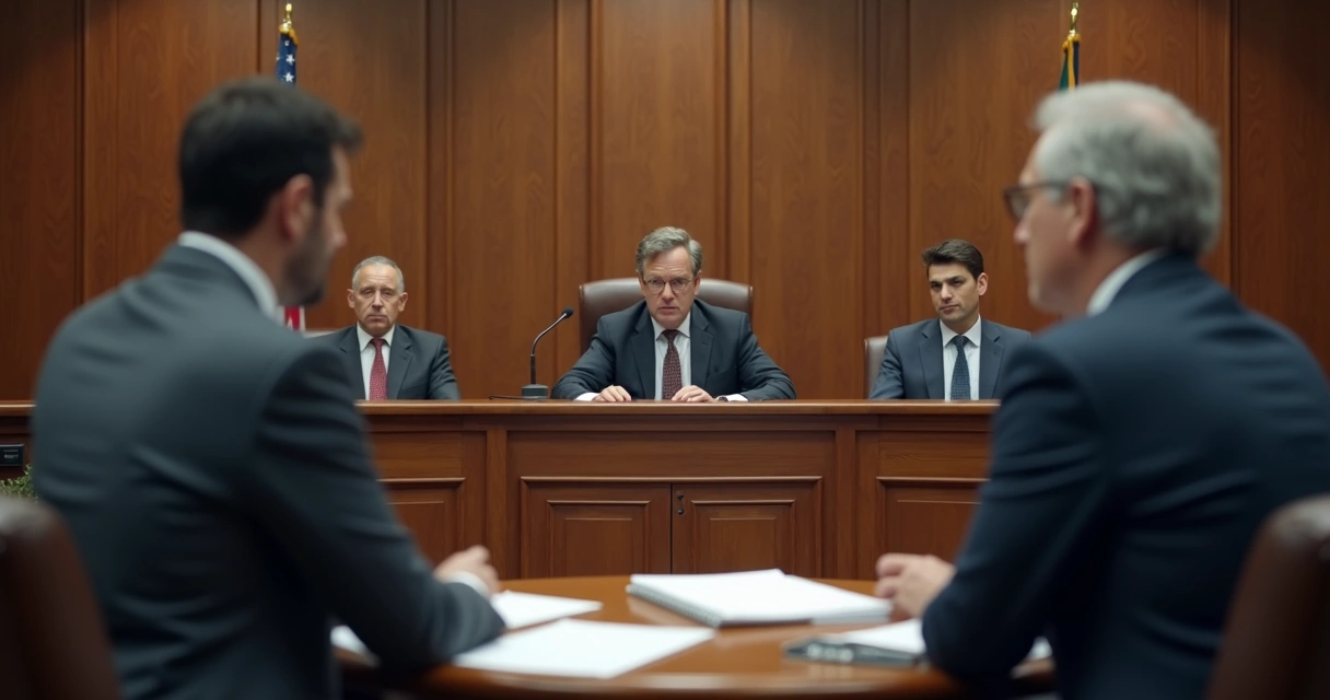 Cena de audiência jurídica, pessoas em tribunal discutindo caso de plano de saúde