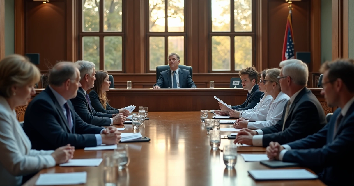 Audiência judicial sobre saúde com advogados, médicos e pacientes presentes 