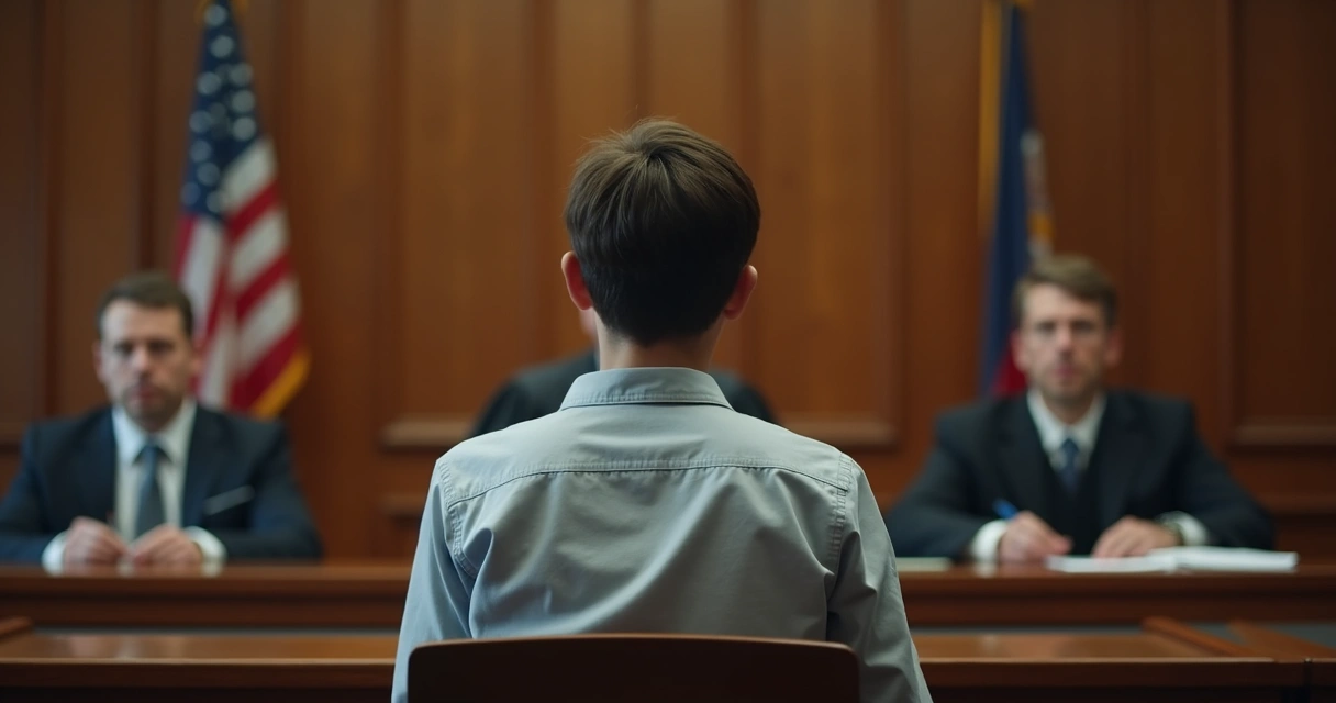 Audiência de julgamento em tribunal com réu primário sentado 