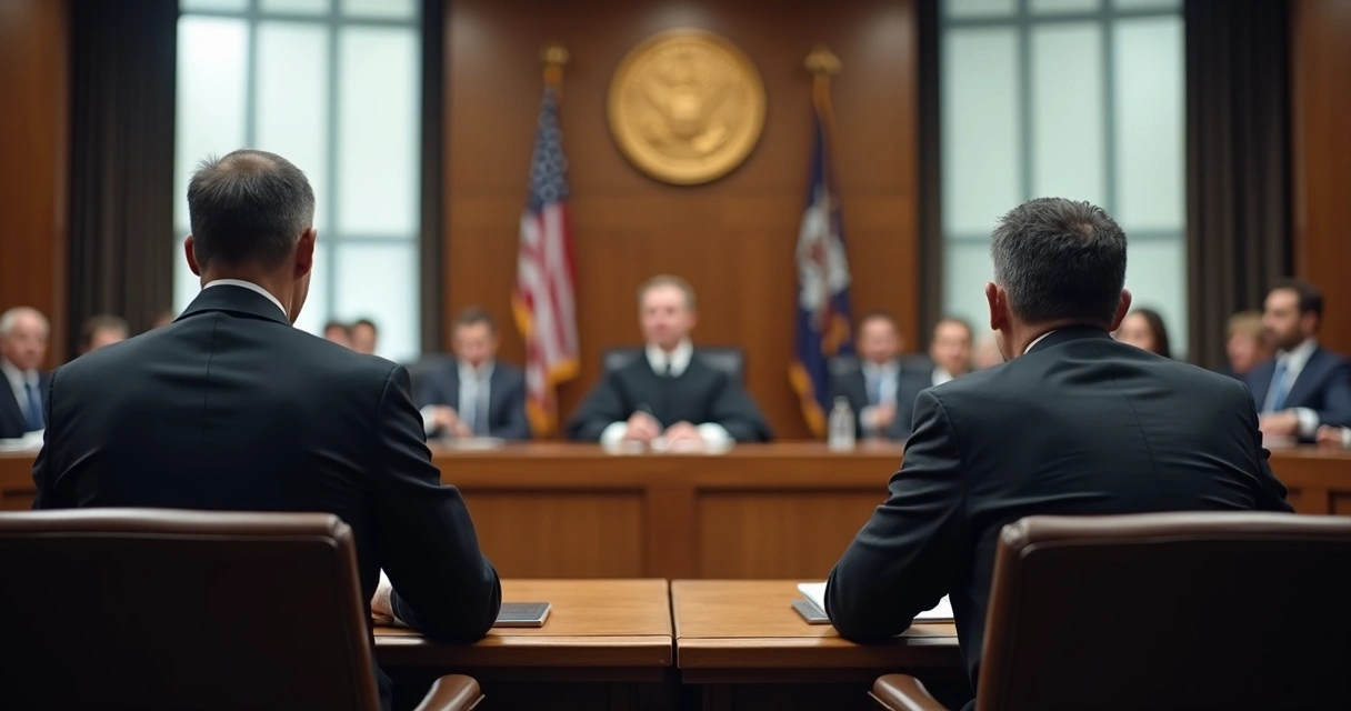 Juiz presidindo audiência de julgamento em tribunal com advogados e acusado 