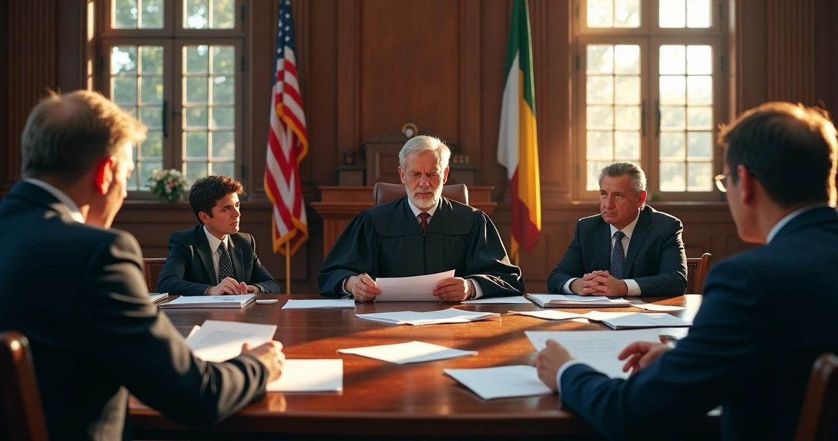 Sala de audiência, juiz analisando provas, advogados, arquivos jurídicos 