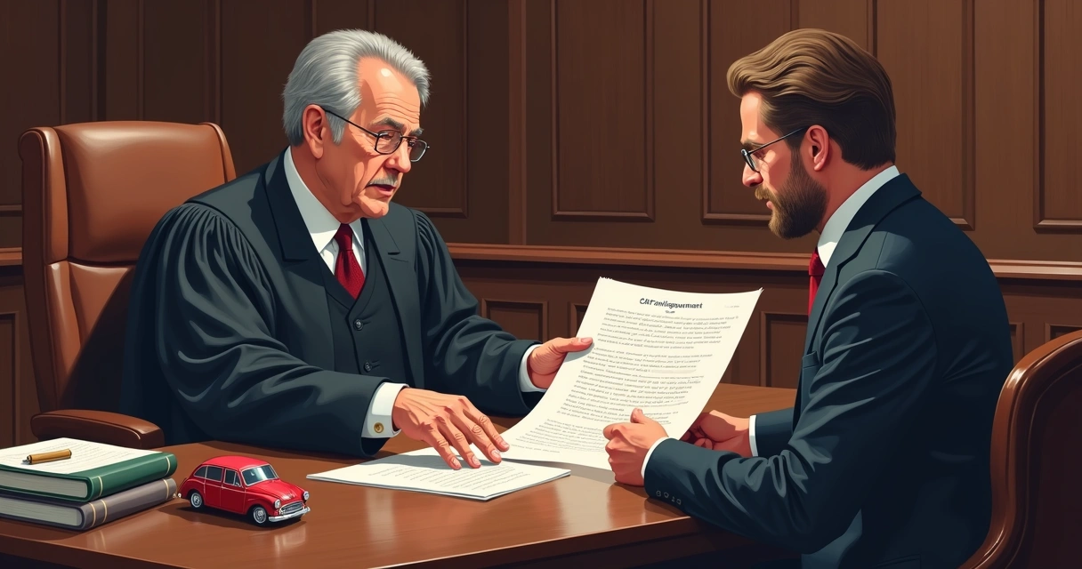 Juiz e advogado analisando processo de financiamento de veículo 