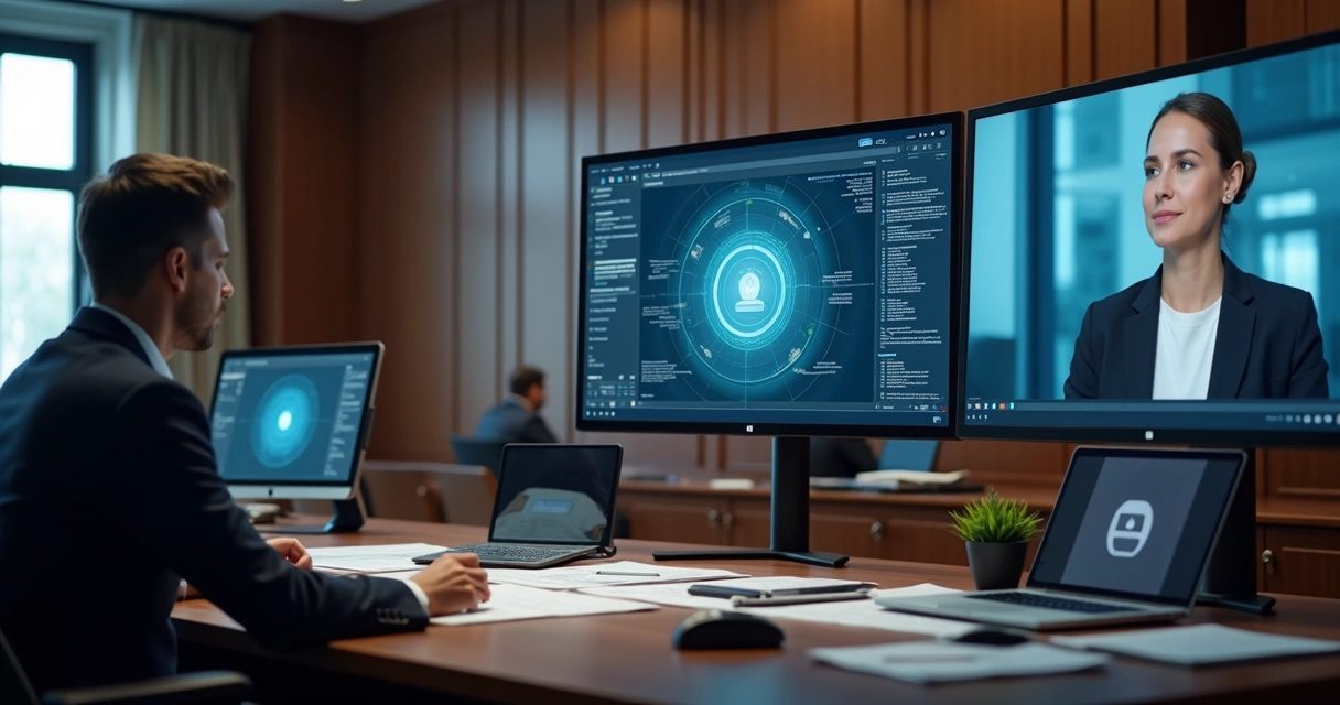 Audiência digital monitorada por tecnologias com advogado e juíza em destaque 