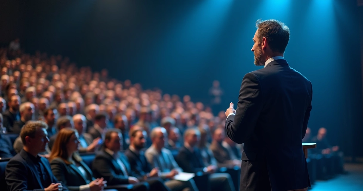 Palestrante falando para uma plateia atenta em auditório moderno