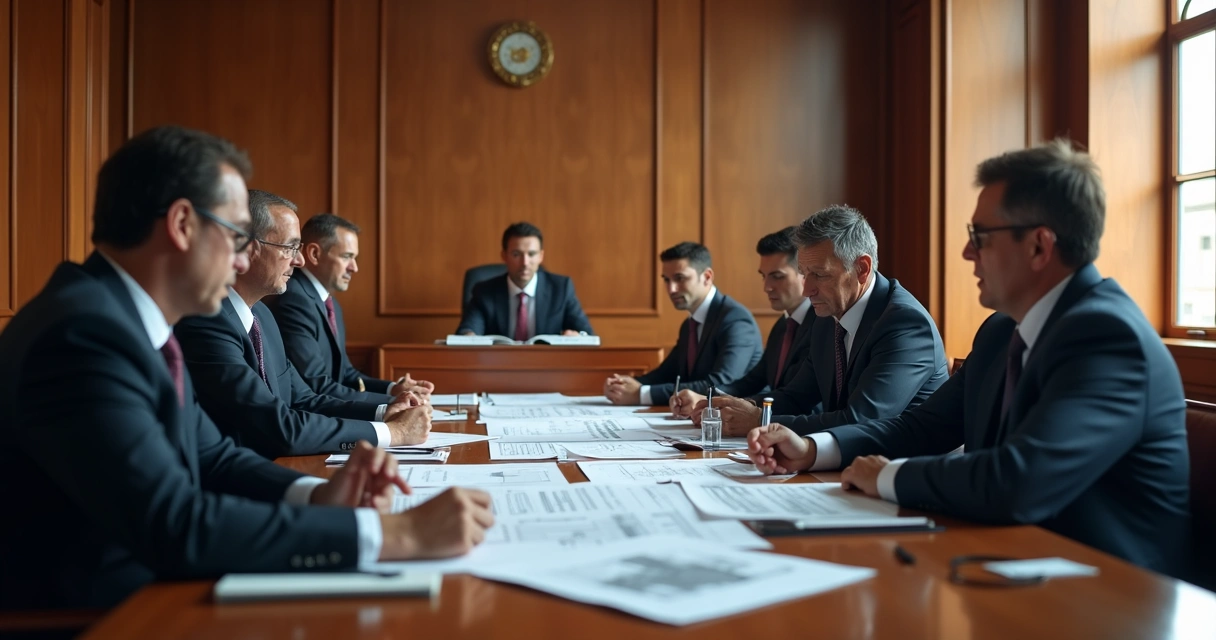 Audiência técnica com engenheiros civis analisando documentos 