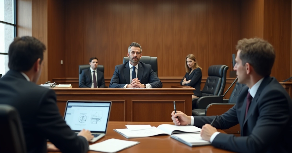 Audiência pericial entre juiz, perito judicial e advogados na sala de tribunal 