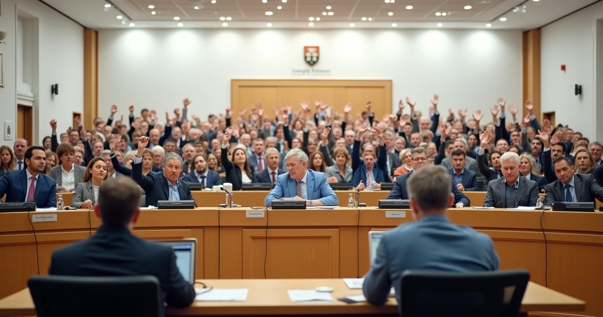 Audiência pública com vereadores e moradores em um plenário