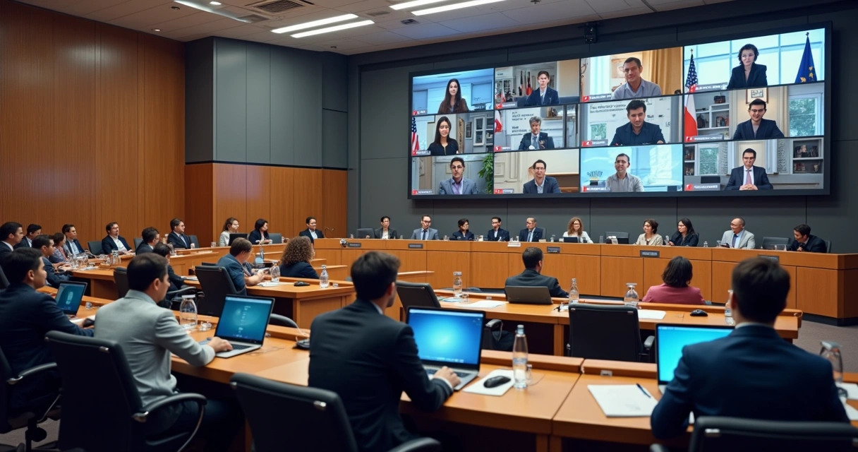 Pessoas no plenário da câmara municipal enquanto outras acompanham virtualmente em telas ao fundo 