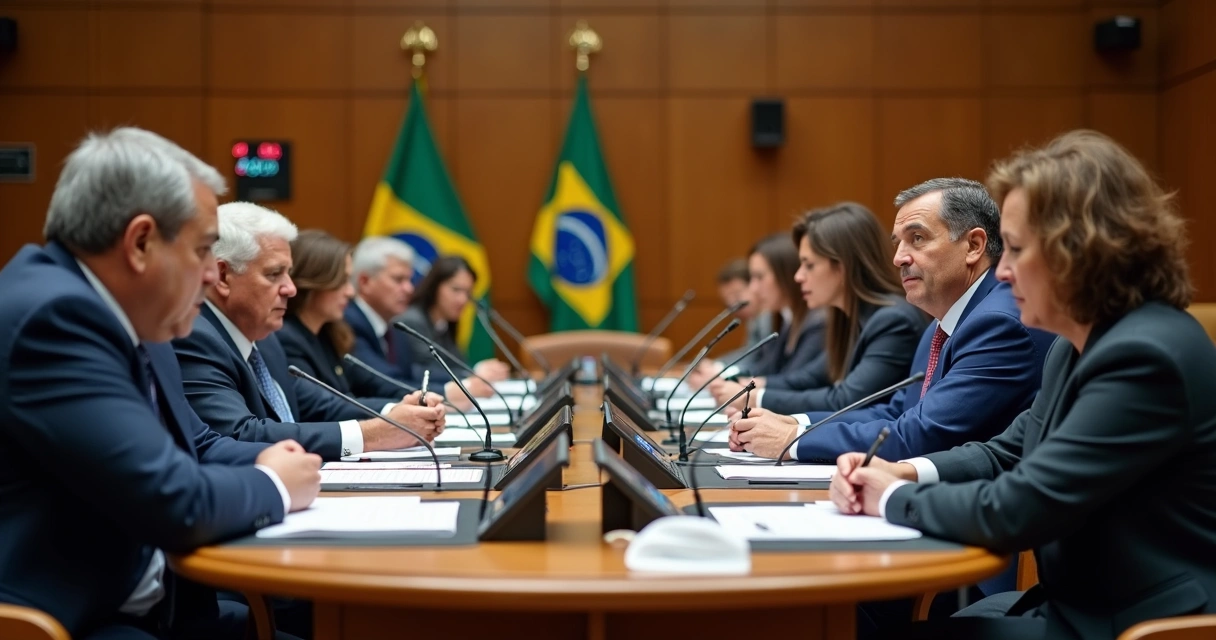 Parlamentares reunidos em debate público, livros e documentos sobre a mesa
