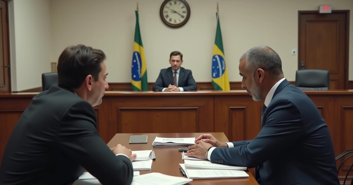 Audiência com advogado e trabalhador em sala de Justiça do Trabalho 