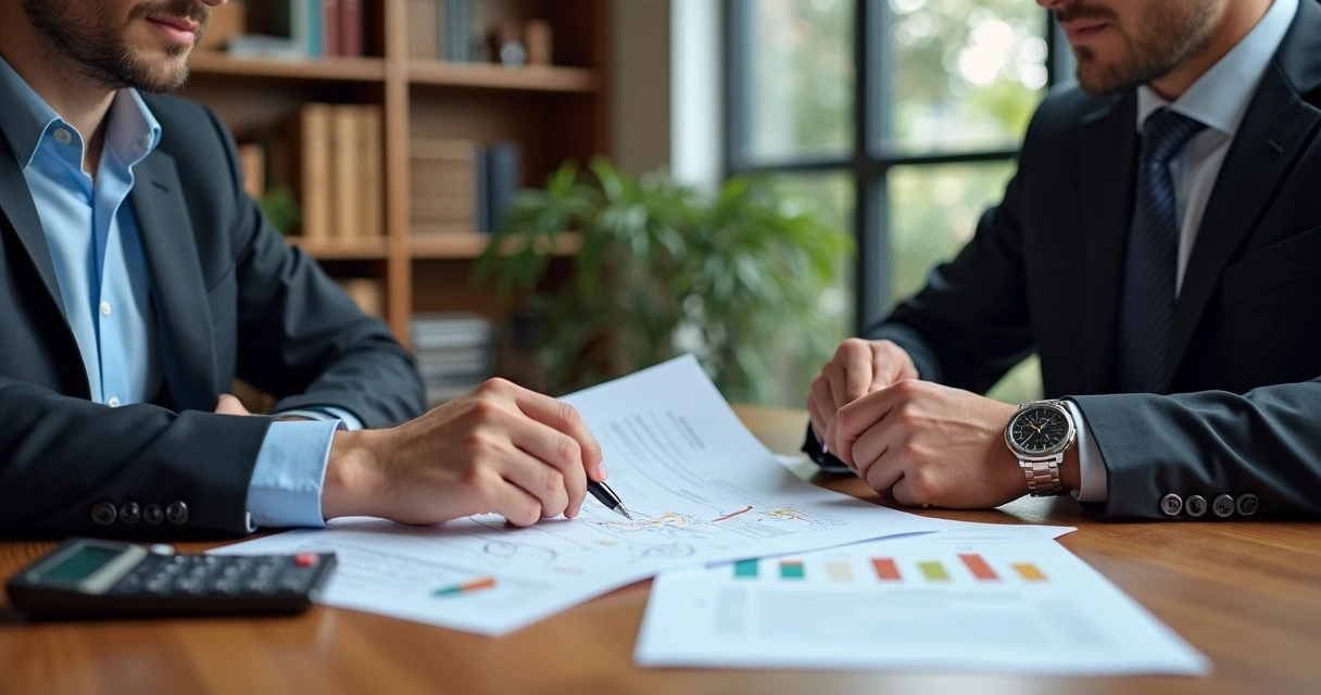 Advogado e cliente em reunião com documentos financeiros