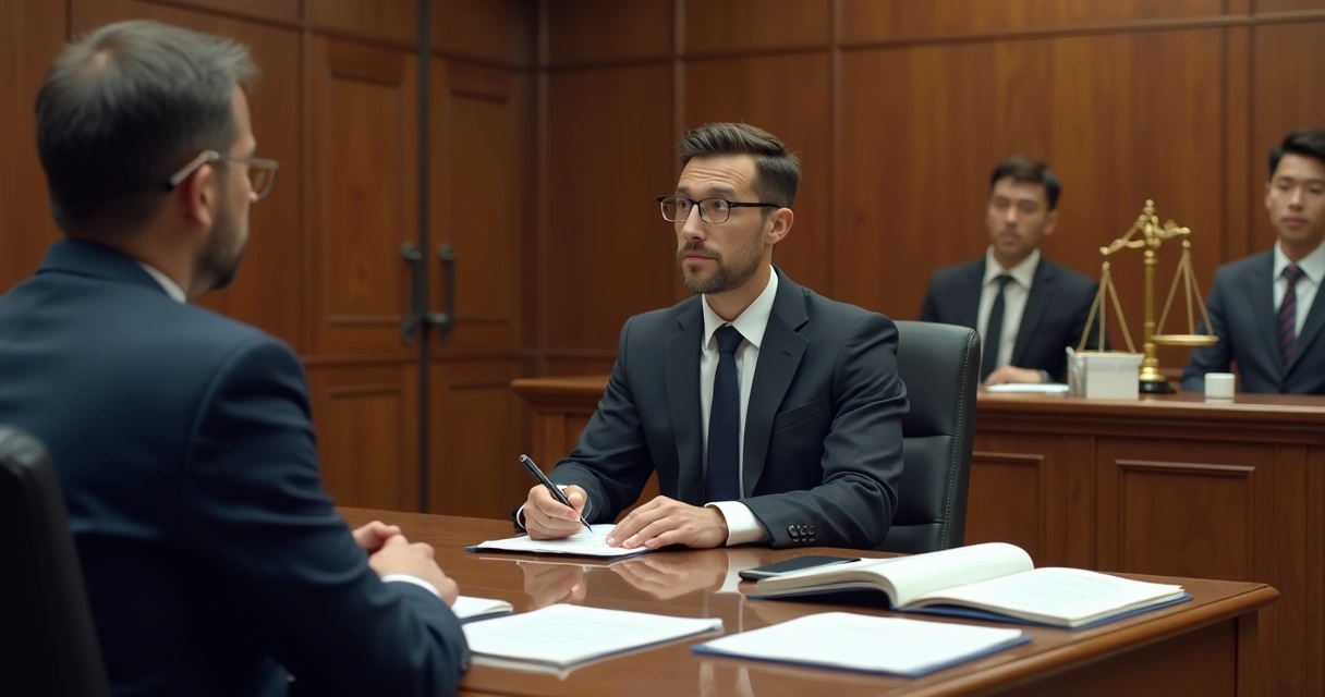 Advogado e trabalhador em audiência trabalhista, com juiz e documentos em mesa. 