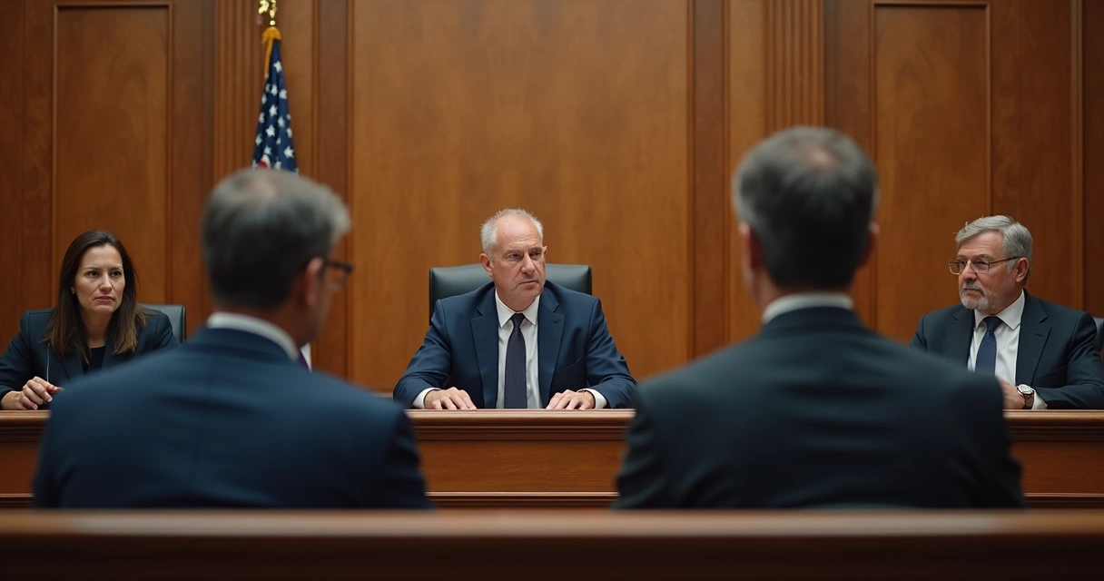 Audiência trabalhista com juiz e testemunhas. 