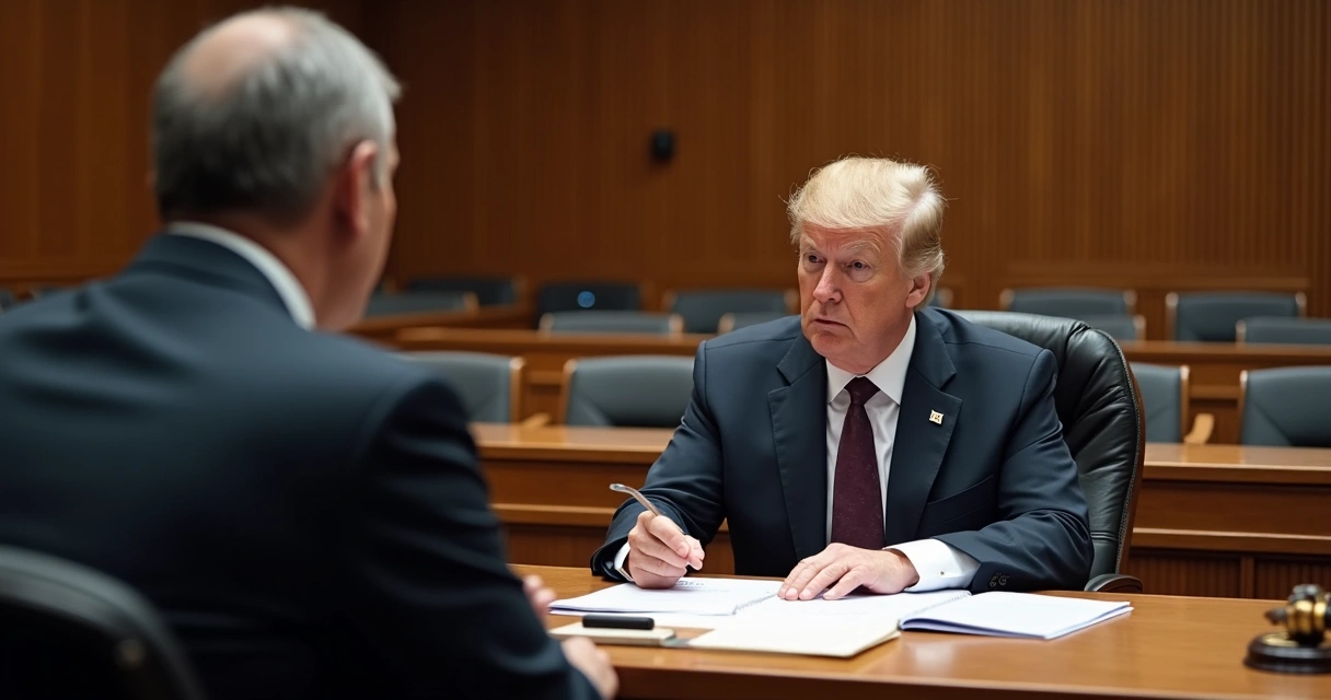 Juiz ouvindo testemunha em audiência judicial, sala de tribunal, mesa com papéis 
