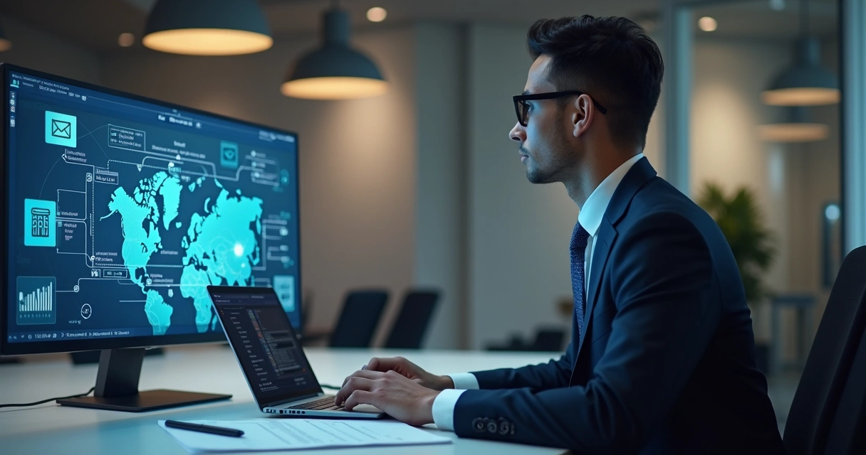 Advogado em audiência virtual com recursos digitais 