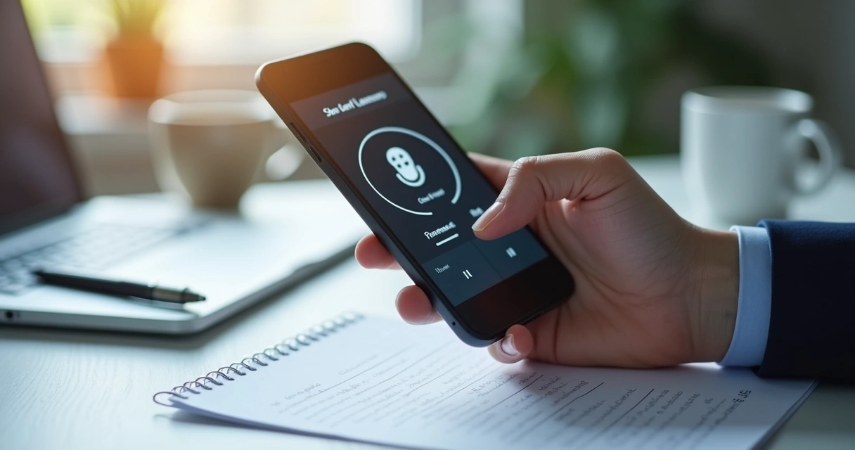 Pessoa ouvindo áudio curto de aprendizagem no celular antes do trabalho 