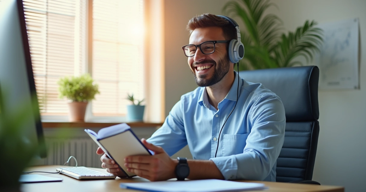 Gestor de clínica ouvindo audiobook de livro de gestão