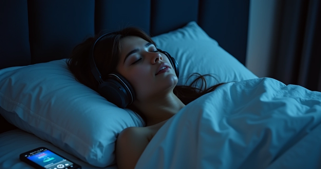 Pessoa ouvindo meditação guiada de olhos fechados em um quarto escuro